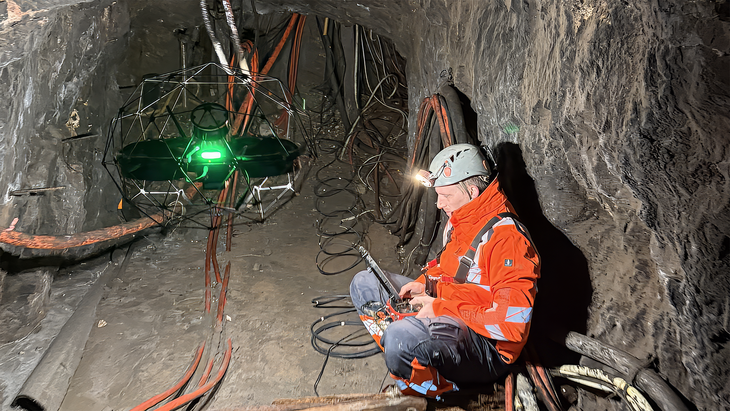Tobias Brehm flying the drone in a mine tunnel